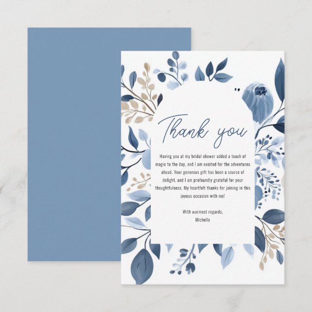 Carte De Remerciements Élégante Baby Shower Bohème Fleurs Bleu Poussiéreu (Devant / Derrière)