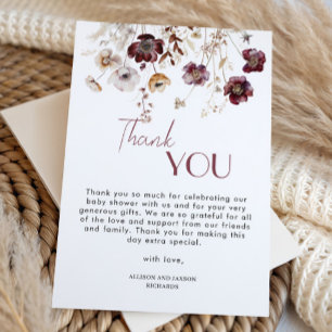 Carte De Remerciements Élégante Baby Shower Fleurs Sauvages Bourgogne