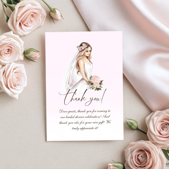 Carte De Remerciements Élégante Baby Shower Rose Tendre de la future mari (Elegant Tender Pink Bride-To-Be Bridal Shower Thank You Card)
