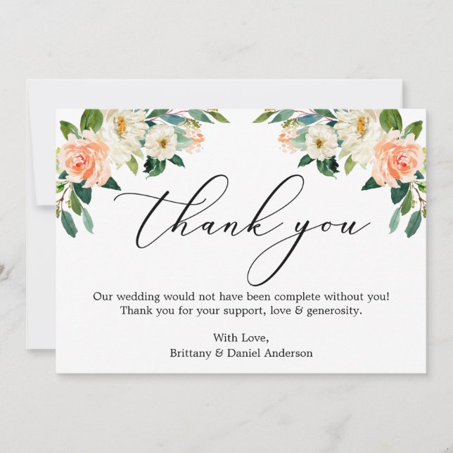 Carte De Remerciements Élégante calligraphie Aquarelle Coral Blanc Floral (Devant)