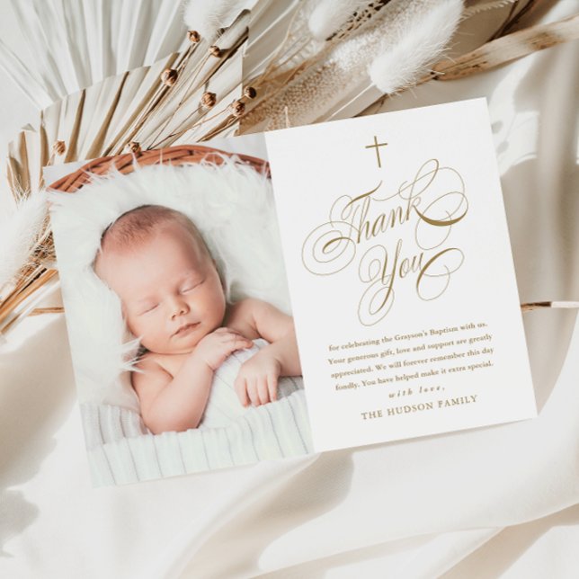 Carte De Remerciements Élégante calligraphie Gold Baby Photo Baptême (Elegant calligraphy baby photo baptism thank you card.)