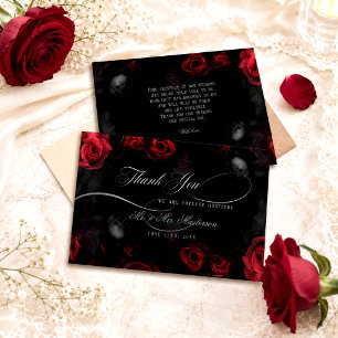 Carte De Remerciements Élégante Calligraphie Mariage Fleur Rouge Noir