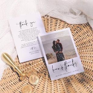 Carte De Remerciements Élégante calligraphie noir & blanc Mariage photo