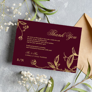 Carte De Remerciements Élégante calligraphie or floral bordeaux mariage