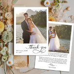 Carte De Remerciements Élégante calligraphie Simple moderne 2 Mariage Pho<br><div class="desc">carte de remerciements photo mariage avec élégante calligraphie et 2 photos. Vous pouvez personnaliser avec vos noms, date mariage et message de remerciement. Design moderne simple en noir et blanc et super facile à customiser la couleur arrière - plan, si vous souhaitez correspondre à votre palette de couleurs mariage. Veuillez...</div>
