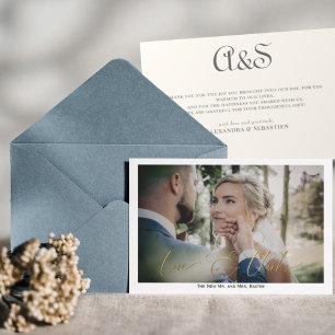 Carte De Remerciements Élégante Calligraphie simple Monogramme Photo Mari