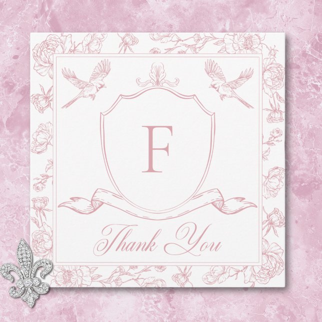 Carte De Remerciements Élégante Chinoiserie rose Mariage d'oiseaux et de  (Elegant Pink Chinoiserie Bird & Crest Wedding Thank You Card)