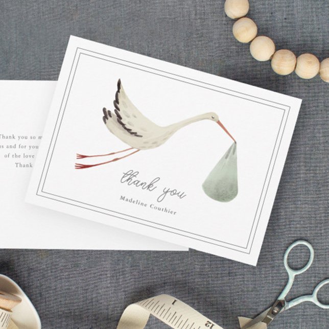 Carte De Remerciements Élégante cigogne Baby shower neutre pour les femme (Elegant hand painted stork sage gender neutral baby shower thank you cards.)