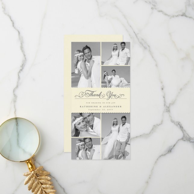 Carte De Remerciements Élégante crème à bascule Bande 6 Mariage Photo Chi (Devant/Arrière en situation)