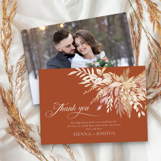 Carte De Remerciements Élégante crème en terre cuite Foliage Duet Photo (Elegant terracotta Wedding photo thank you card - Foliage Duet Wedding Collection)