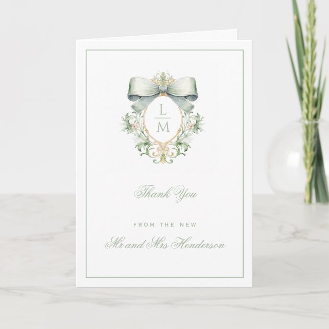 Carte De Remerciements Élégante crête avec mâchoire verte Sage | Mariage  (Devant)