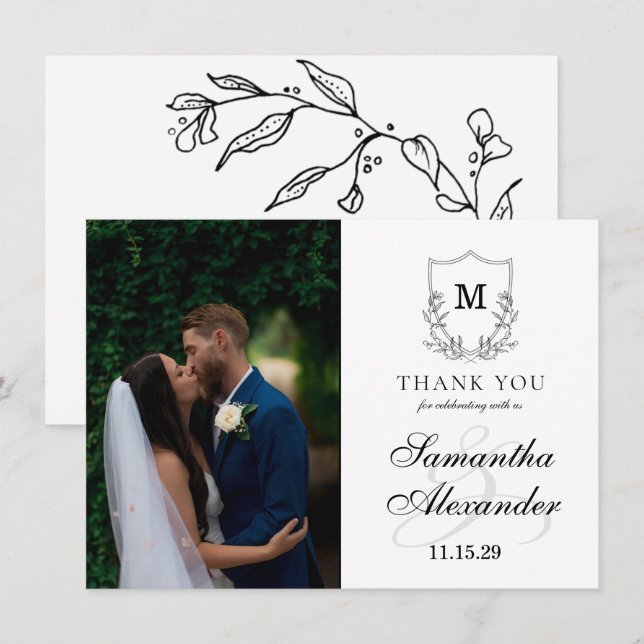 Carte De Remerciements Élégante crête noire et blanche (Devant / Derrière)