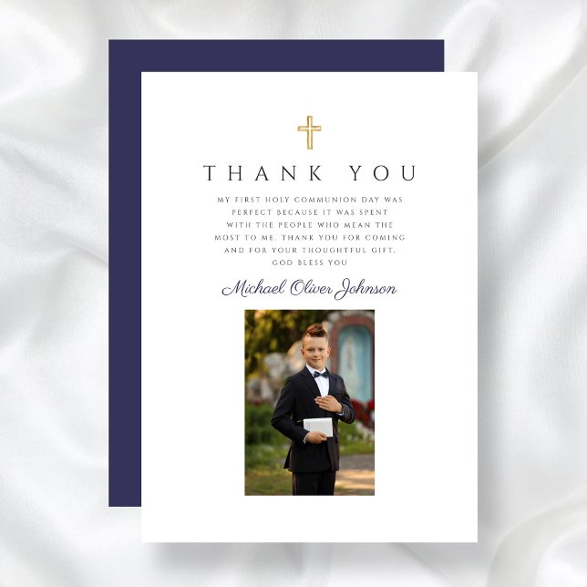 Carte De Remerciements Elégante Croix Bleue de la Marine Boy Première com (Elegant Navy Blue Cross Boy First Communion Thank You Card)