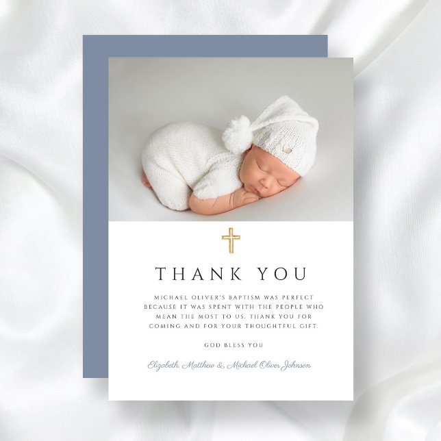Carte De Remerciements Elégante Croix Bleue Dusty Boy Baptism Photo (Elegant Dusty Blue Cross Boy Baptism Photo Thank You Card)