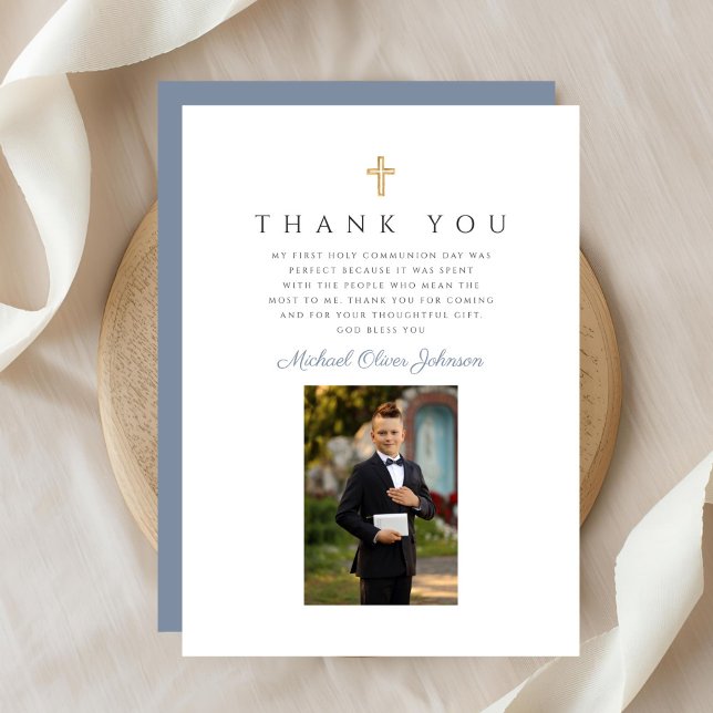 Carte De Remerciements Elégante Croix Bleue Dusty Boy First Communion (Elegant Dusty Blue Cross Boy First Communion Thank You Card)