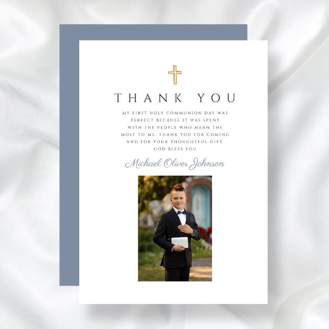 Carte De Remerciements Elégante Croix Bleue Dusty Boy First Communion (Elegant Dusty Blue Cross Boy First Communion Thank You Card)