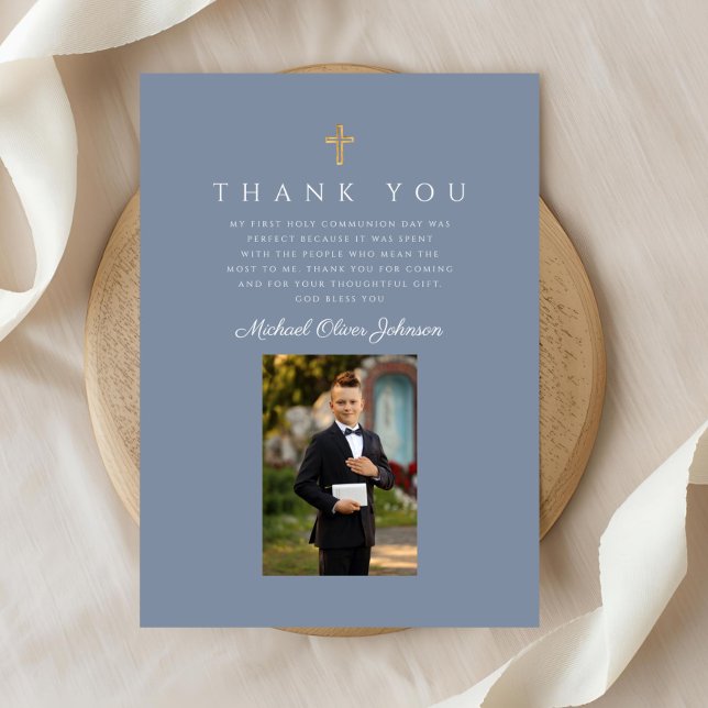 Carte De Remerciements Elégante Dusty Blue Catholique Boy First Communion (Elegant Dusty Blue Catholic Boy First Communion Thank You Card)