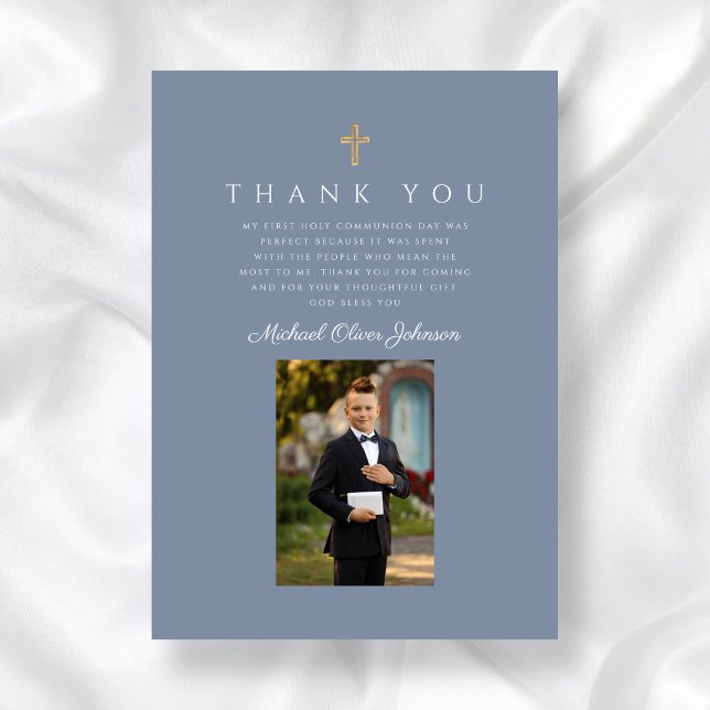 Carte De Remerciements Elégante Dusty Blue Catholique Boy First Communion (Elegant Dusty Blue Catholic Boy First Communion Thank You Card)
