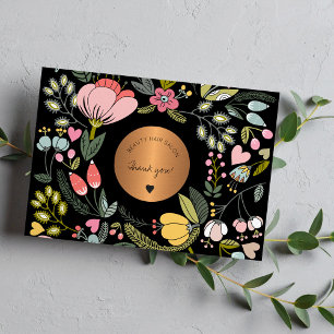 Carte De Remerciements Élégante entreprise florale noire et rose pastel