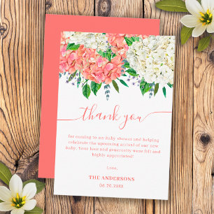 Carte De Remerciements Élégante Fête de Naissance Fleur de Hortensia Rose