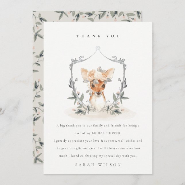 Carte De Remerciements Élégante Fête des mariées de cerf crest floral mou (Devant / Derrière)