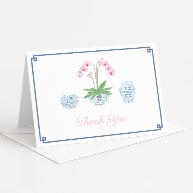 Carte De Remerciements Élégante Fête des mariées de jarres à gingembre d' (Smart navy and pink chinoiserie bridal shower thank you card design with watercolor pink orchid)