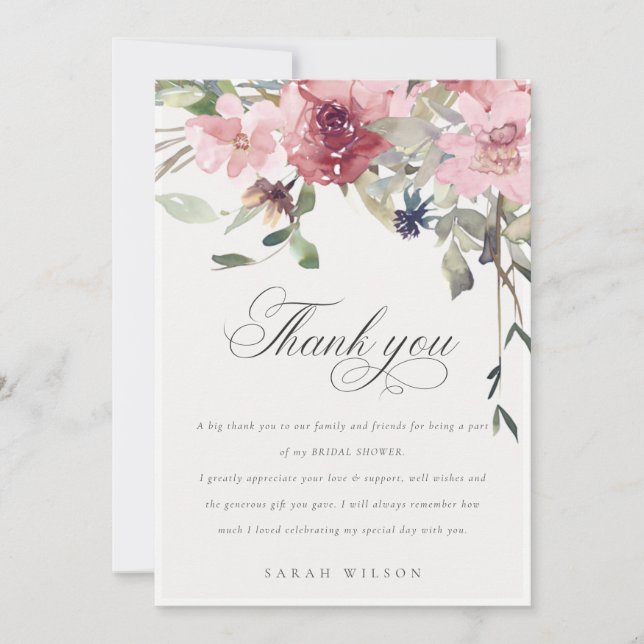 Carte De Remerciements Elégante Fête des mariées florale Rose Dusky (Devant)