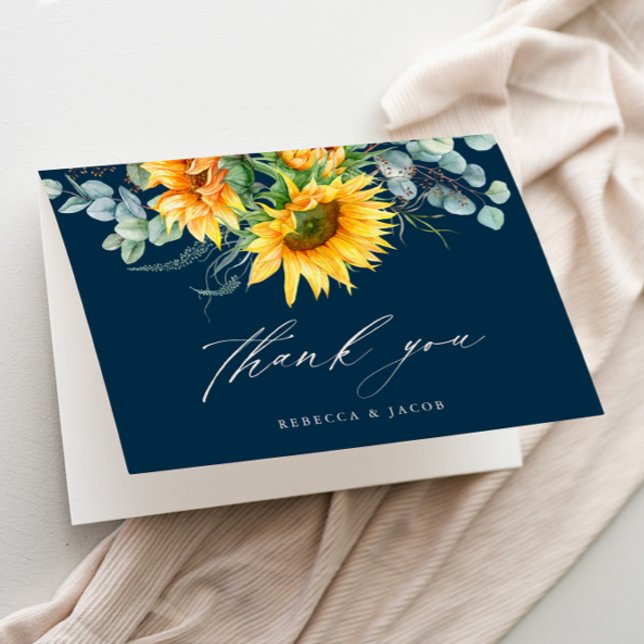 Carte De Remerciements Élégante Fête des mariées rustique de tournesol (Rustic sunflower eucalyptus elegant bridal shower thank you card.)