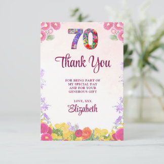 Carte De Remerciements Elégante Fête Florale 70e Anniversaire / 70 Ans