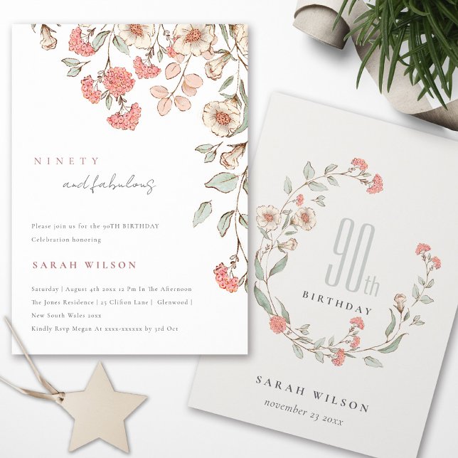 Carte De Remerciements Élégante Fleurs roses Wreath 90e anniversaire Invi (Créateur téléchargé)