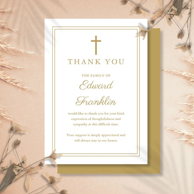 Carte De Remerciements Elégante Gold Christian Célébration De Vie Funérai (Elegant Gold Christian Celebration Of Life Funeral Thank You Card)