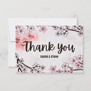 Carte De Remerciements Elégante mariage Sakura cerise et marbre