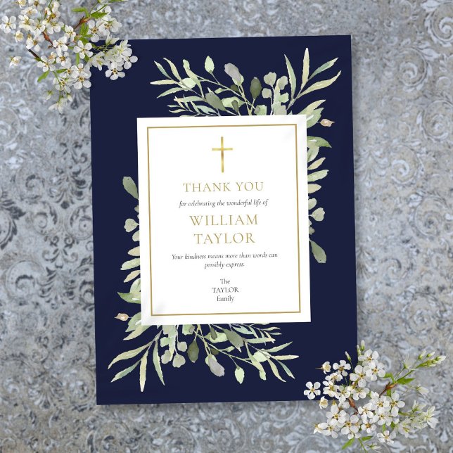 Carte De Remerciements Elégante Marine Blue Funeral Memorial Gold Cross (Elegant Navy Blue Funeral Memorial Gold Cross Thank You Card)