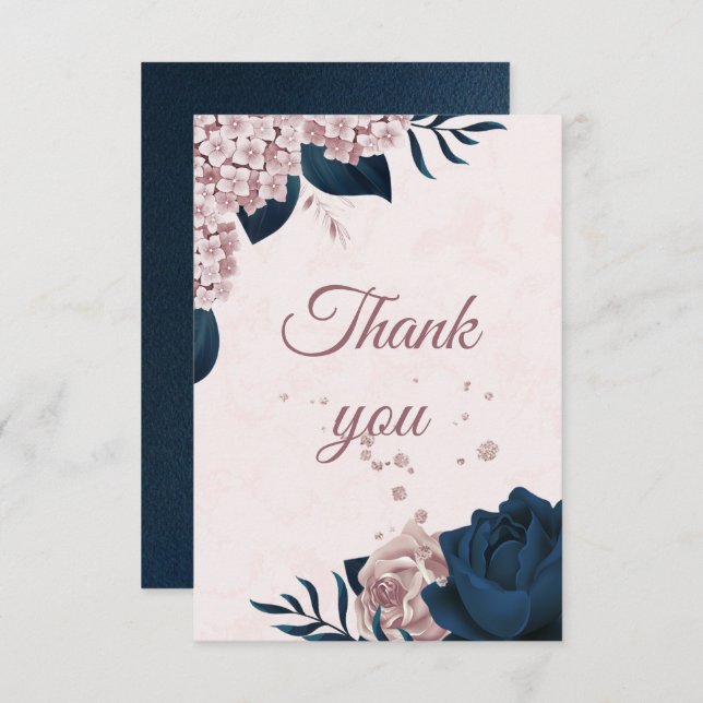 Carte De Remerciements élégante marine et poussiéreuse fleurs roses botan (Devant / Derrière)