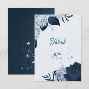 Carte De Remerciements élégante marine & fleurs bleues poussiéreuses bota