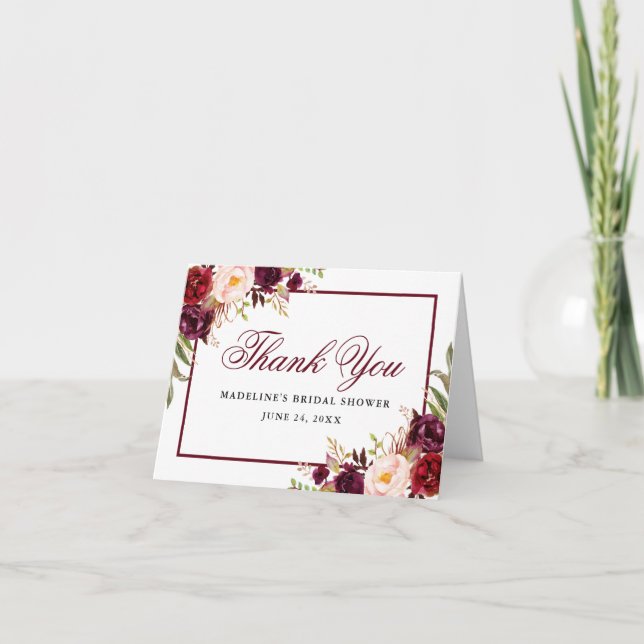 Carte De Remerciements Élégante note de douche de mariage floral burgundy (Devant)
