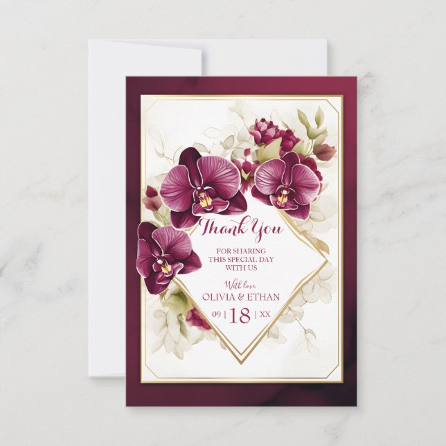 Carte De Remerciements Elégante Orchidée Bourgogne fleurit Mariage Gold F (Devant)