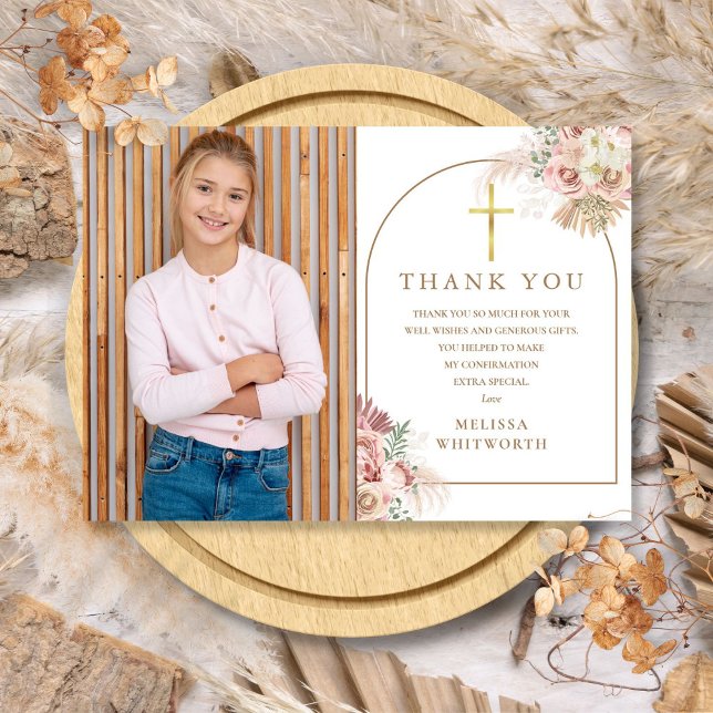 Carte De Remerciements Élégante Pampas d'or Grass Floral Confirmation (Elegant Gold Pampas Grass Floral Confirmation Thank You Card)