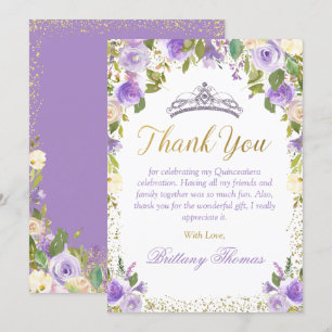 Carte De Remerciements Élégante Parkle Florale Purple Or Quinceanera