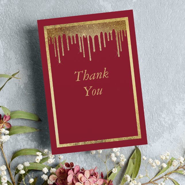 Carte De Remerciements Elégante parties scintillant d'or bordeaux gouttes (Elegant burgundy gold glitter drips 50th Birthday Thank You)