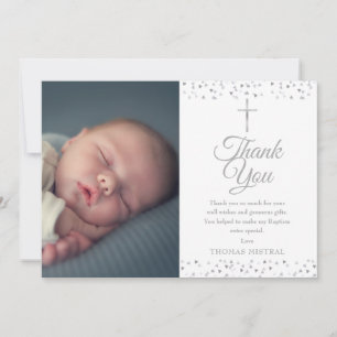 Carte De Remerciements Élégante Photo de Baptême Christening Cœurs Argent