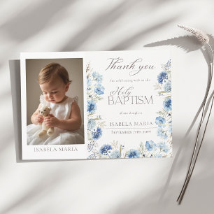 Carte De Remerciements Élégante photo de baptême de bébé fille aux fleurs
