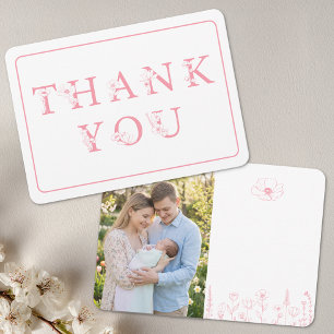Carte De Remerciements Élégante Photo de Fête de Naissance Fleurie Rose