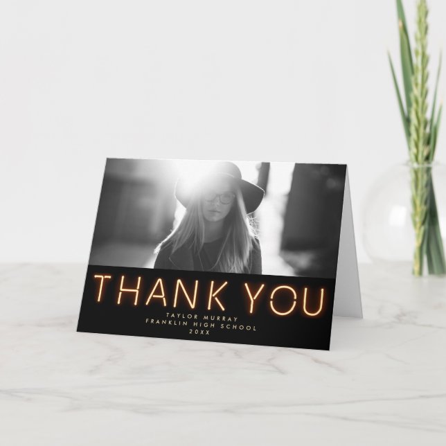 Carte De Remerciements Élégante photo de graduation des lumières de néon (Devant)