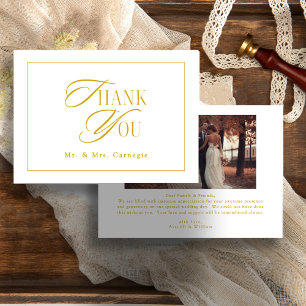 Carte De Remerciements Élégante photo de mariage en or avec écriture curs