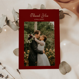 Carte De Remerciements Élégante Photo de Mariage Rouge Vin Écriture