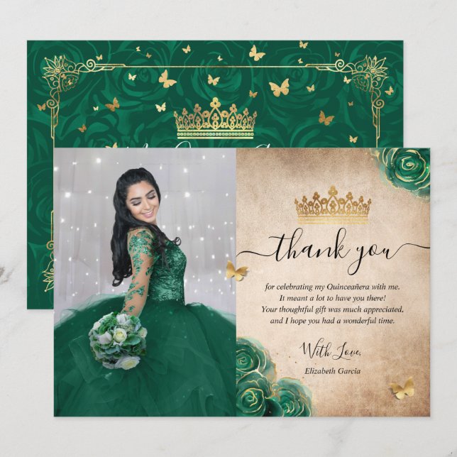 Carte De Remerciements Élégante photo de Quinceañera verte et or pour un  (Devant / Derrière)