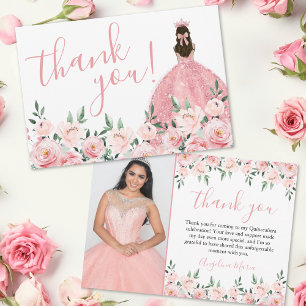 Carte De Remerciements Elégante photo Floral Rose Quinceañera