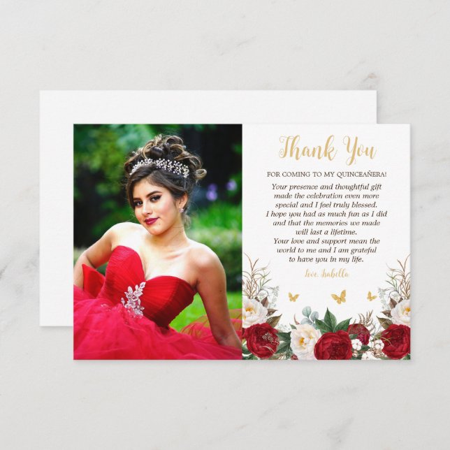 Carte De Remerciements Elégante photo Florale Rouge & Or Quinceañera (Devant / Derrière)