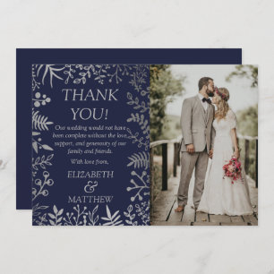 Carte De Remerciements Elégante photo Mariage floral marine et argent